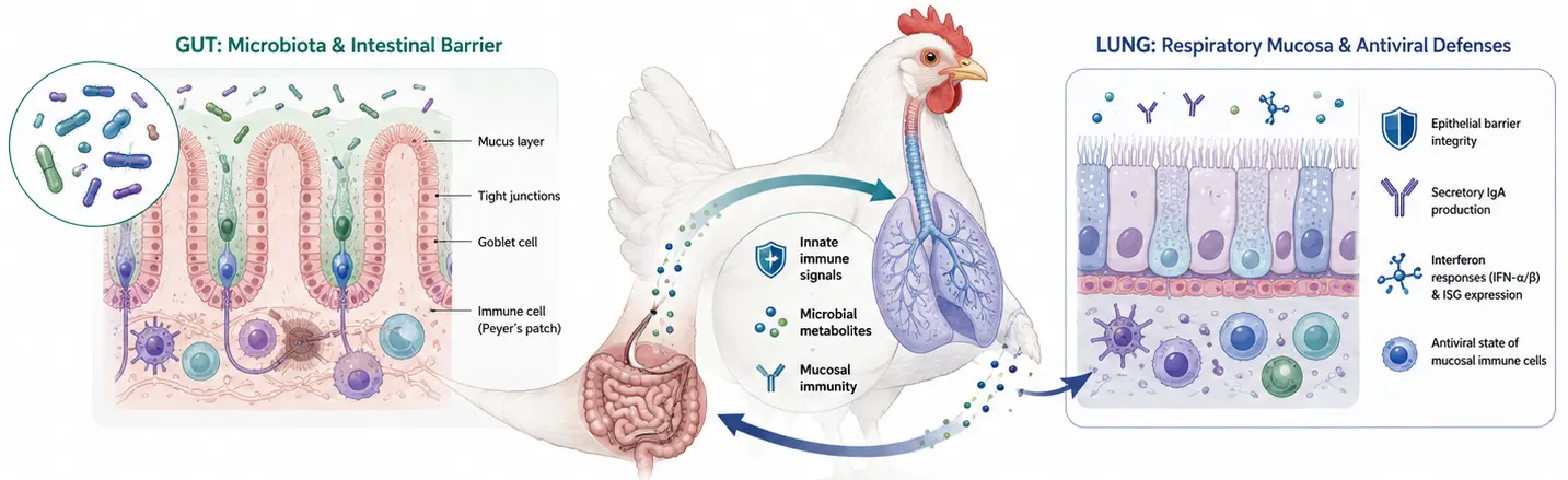 HYGEM gut-lung axis infographic showing poultry microbiome resilience under avian influenza pressure