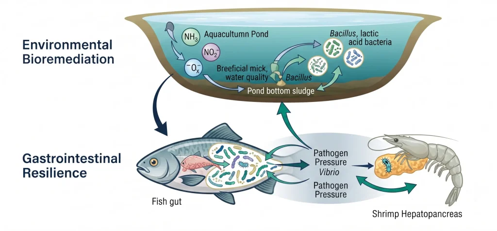 Scientific infographic showing aquaculture microbiome management across water column, pond bottom, organic sludge, ammonia, nitrite, fish and shrimp gut microbiota, and pathogen pressure.