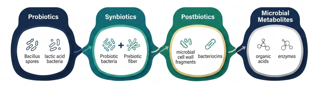 Corporate technology map showing probiotics, synbiotics, postbiotics, and microbial metabolites in aquaculture water conditioning, feed application, and gut resilience.