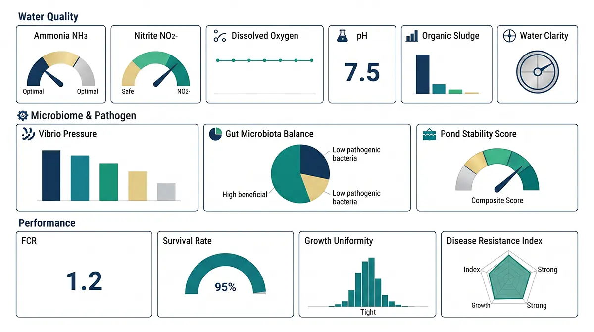 Aquaculture microbiome KPI dashboard showing ammonia, nitrite, dissolved oxygen, organic sludge, Vibrio pressure, FCR, survival rate, gut integrity, and pond stability.
