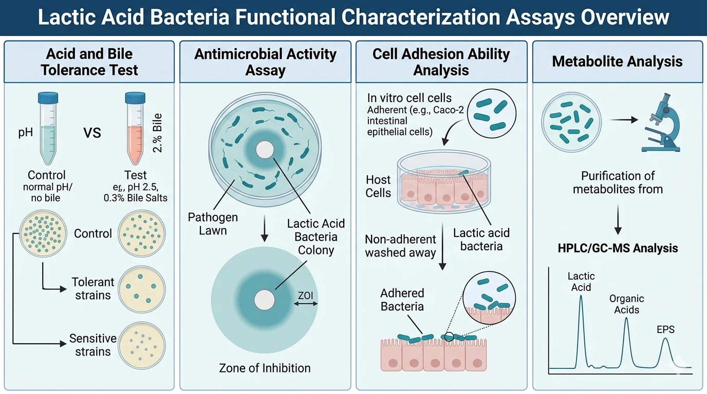 Functional characterization assays overview for lactic acid bacteria and microbial product development.