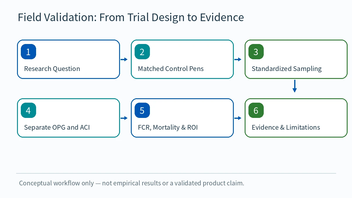 Conceptual broiler field trial KPI workflow; no invented study outcomes.