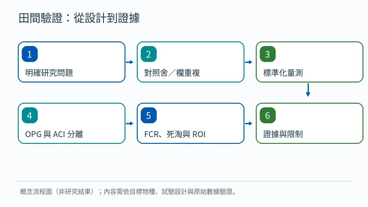 肉雞田間研究 KPI 流程概念圖；不含任何虛構試驗數字。