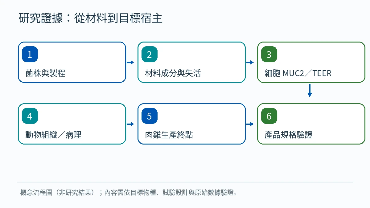 從材料到目標宿主的研究證據流程，不代表產品驗證完成。