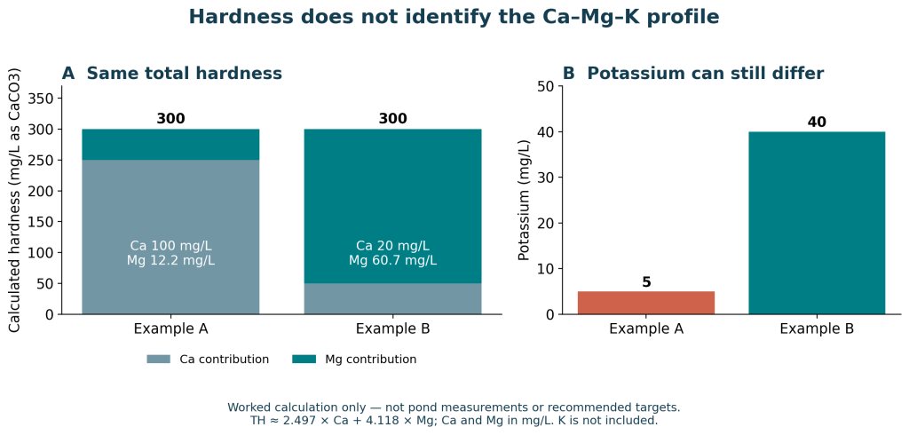 Two calculated examples with hardness of 300 mg/L as CaCO3 but different calcium, magnesium and potassium concentrations.