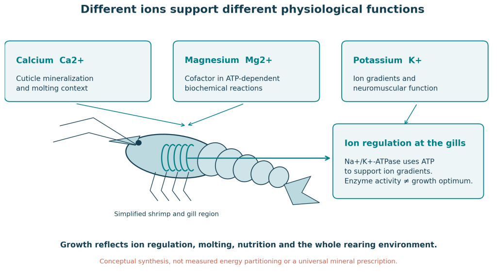 Concept diagram linking calcium with the cuticle, magnesium with ATP-dependent reactions, potassium with ion gradients and the gills with ion regulation.