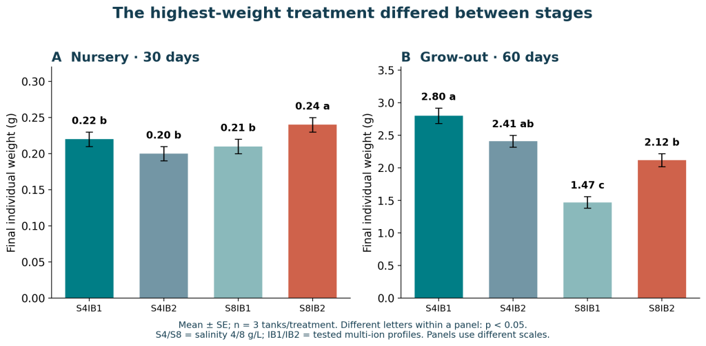 Mean final weights and standard errors for four salinity and ionic-profile treatments during nursery and grow-out in a biofloc trial.
